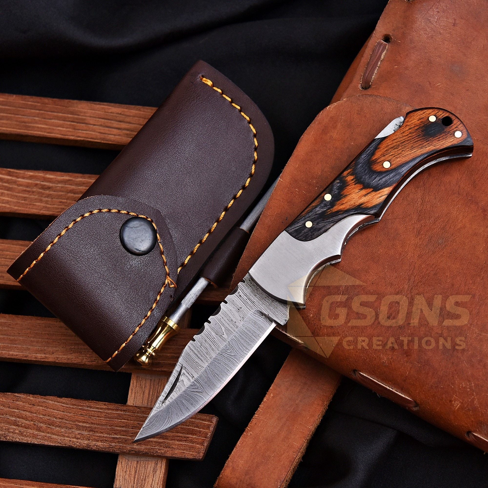 Handmade Damascus Folding Pocket Knife EDC Back Lock w Leather Sheath Gift