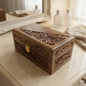 handmade Wooden jewelry box with floral carvings 