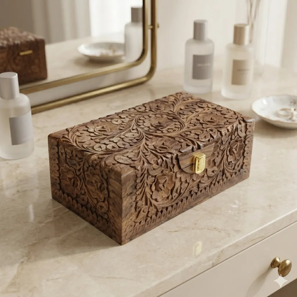 1. Hand carved rosewood keepsake box with red velvet lining