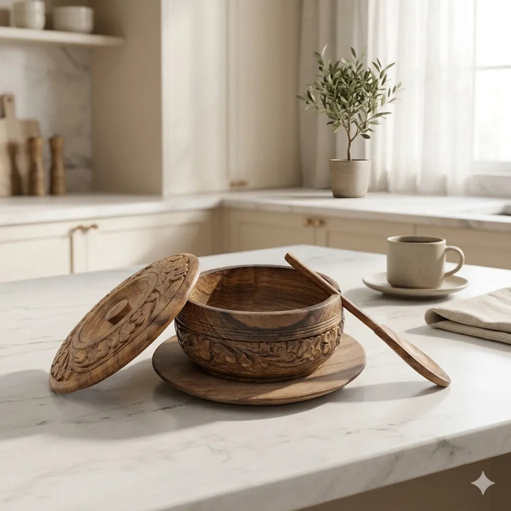 Hand Carved Wooden Sugar Pot with Spoon 