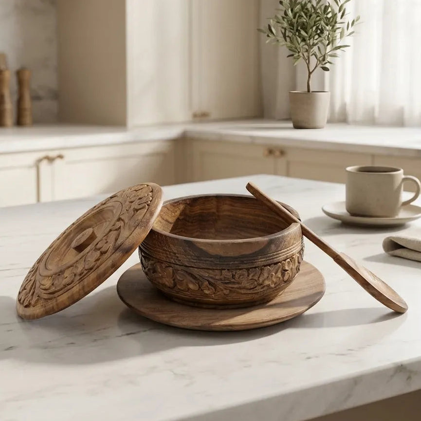 Hand Carved Wooden Sugar Pot with Spoon 