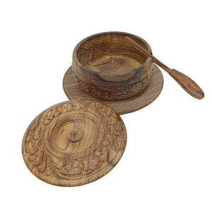 Wooden bowl with lid and spoon