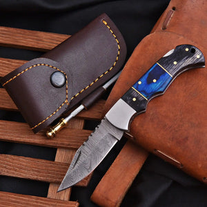 Knife with a blue blade and wooden handle in a brown leather sheath