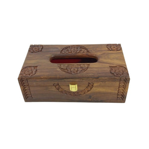 Wooden tissue box with intricate carvings 