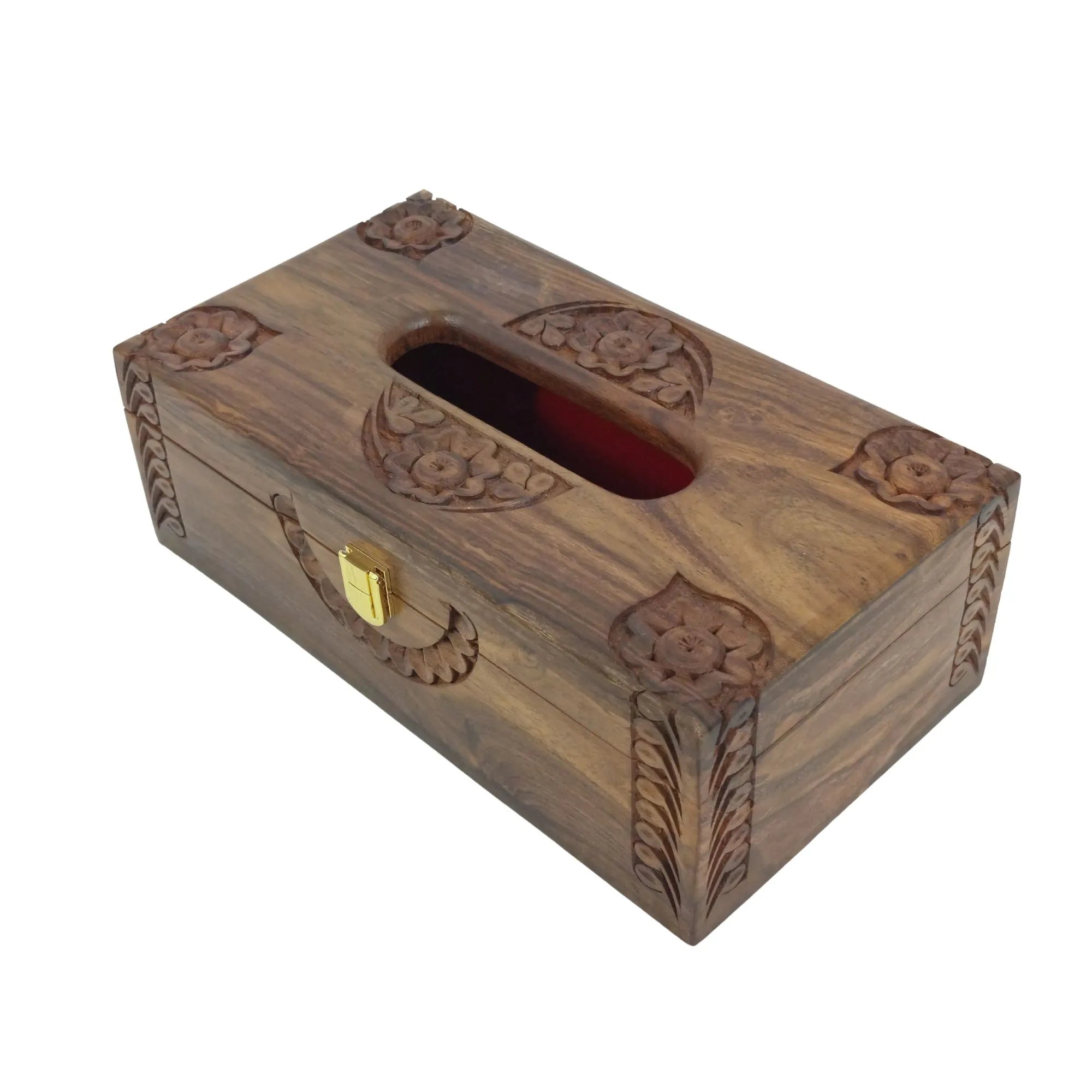 Wooden tissue box with intricate carvings 