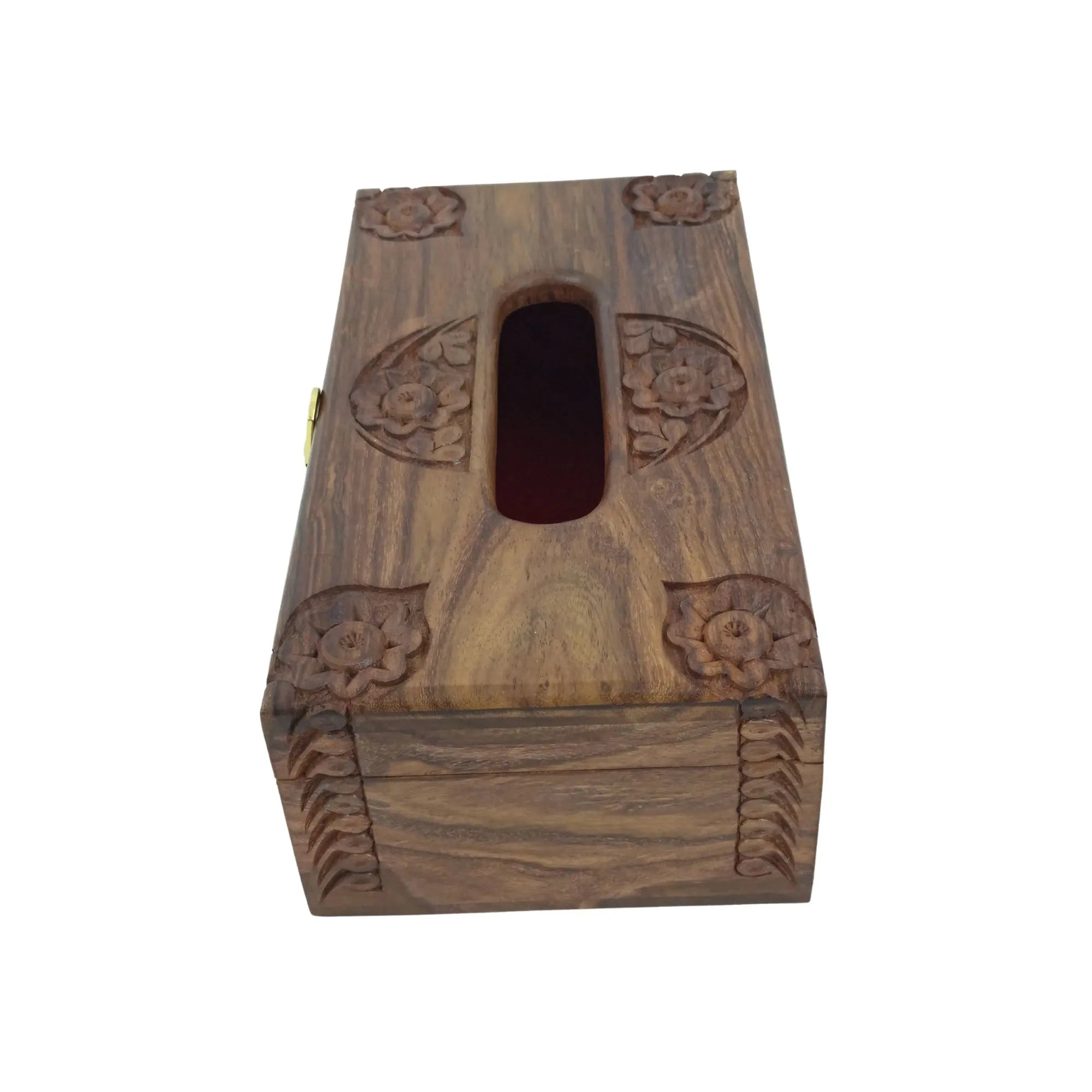 Wooden tissue box with floral carvings 