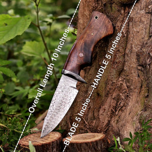 Fixed blade Damascus bushcraft knife with leather sheath